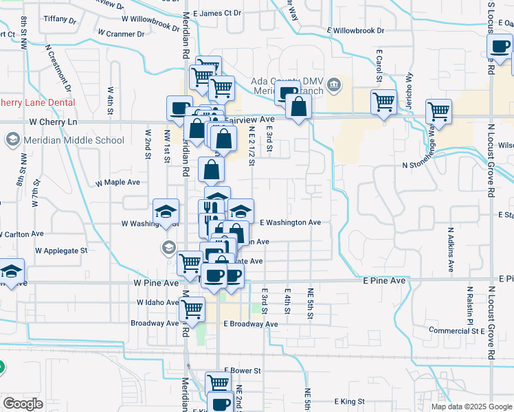 map of restaurants, bars, coffee shops, grocery stores, and more near 1248 Northeast 2 And A Half Street in Meridian