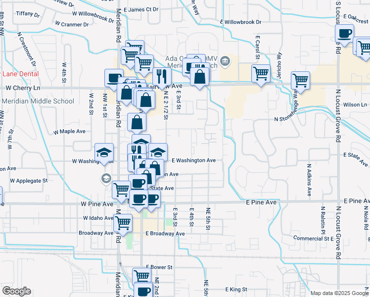 map of restaurants, bars, coffee shops, grocery stores, and more near 1233 East 4th Street in Meridian