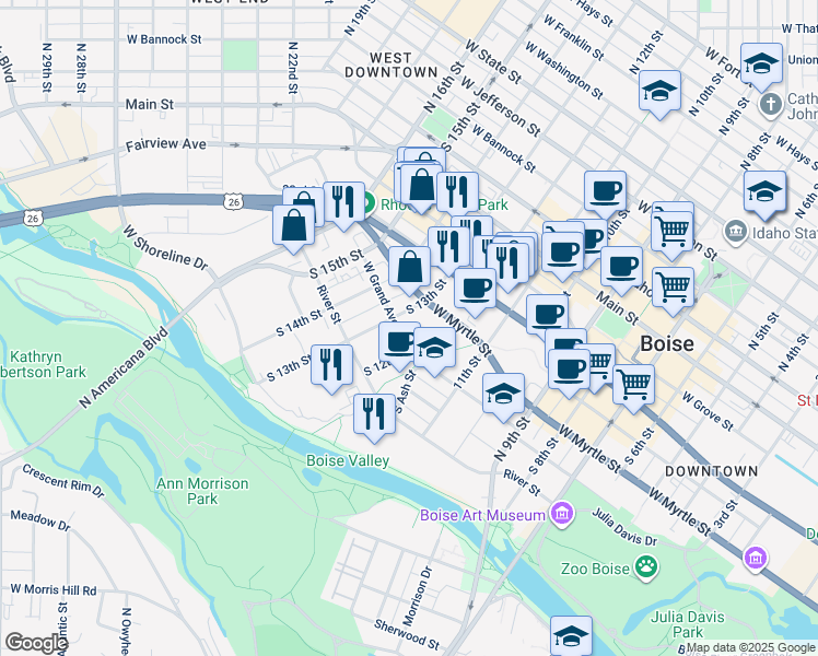 map of restaurants, bars, coffee shops, grocery stores, and more near 412 South 13th Street in Boise