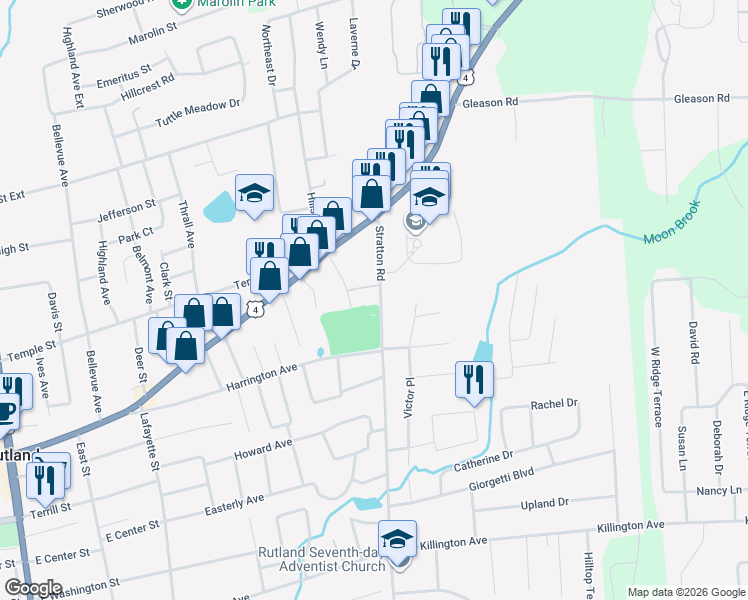 map of restaurants, bars, coffee shops, grocery stores, and more near 31 Stratton Road in Rutland