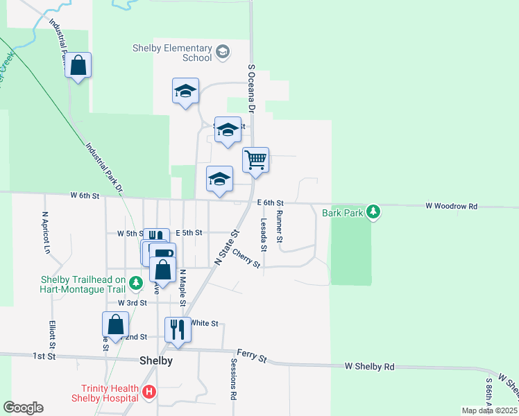 map of restaurants, bars, coffee shops, grocery stores, and more near 375 Lesada Street in Shelby