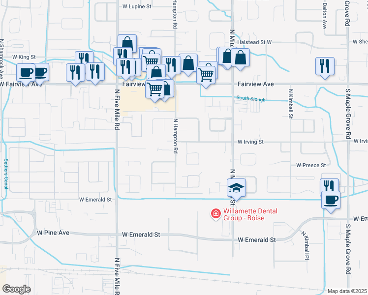 map of restaurants, bars, coffee shops, grocery stores, and more near 1187 North Dove Avenue in Boise