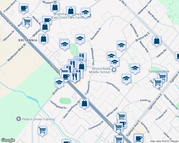 map of restaurants, bars, coffee shops, grocery stores, and more near 95 Trailwood Drive in Mississauga