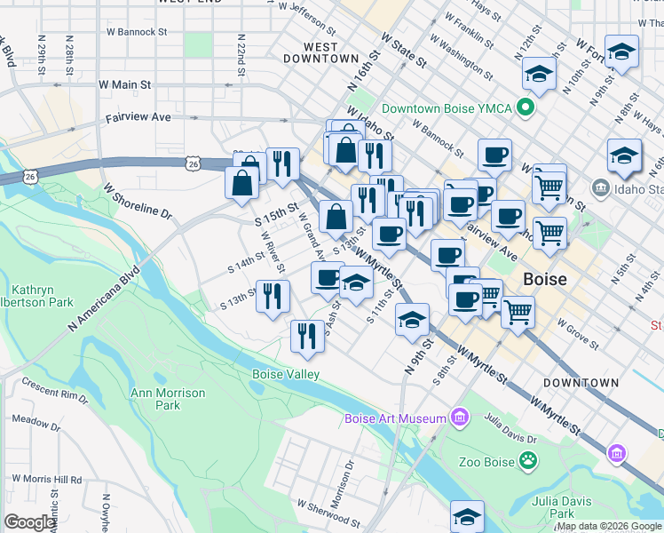 map of restaurants, bars, coffee shops, grocery stores, and more near 412 South 13th Street in Boise
