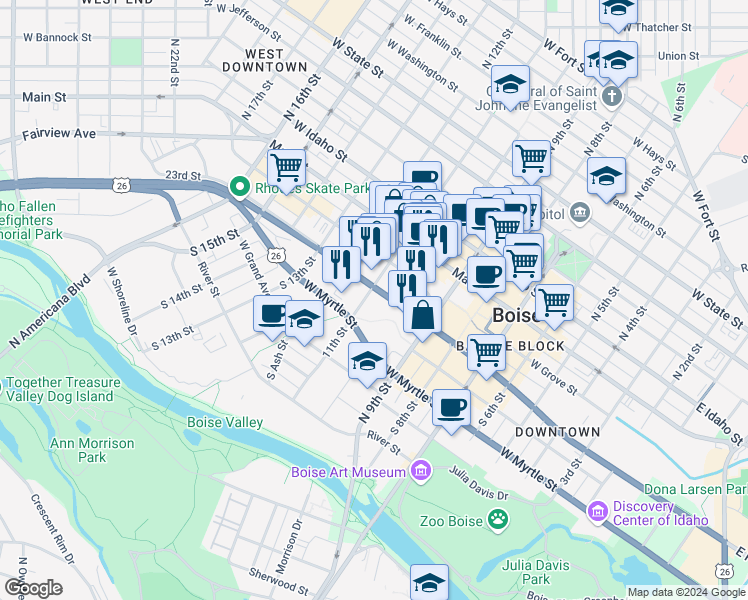map of restaurants, bars, coffee shops, grocery stores, and more near in Boise