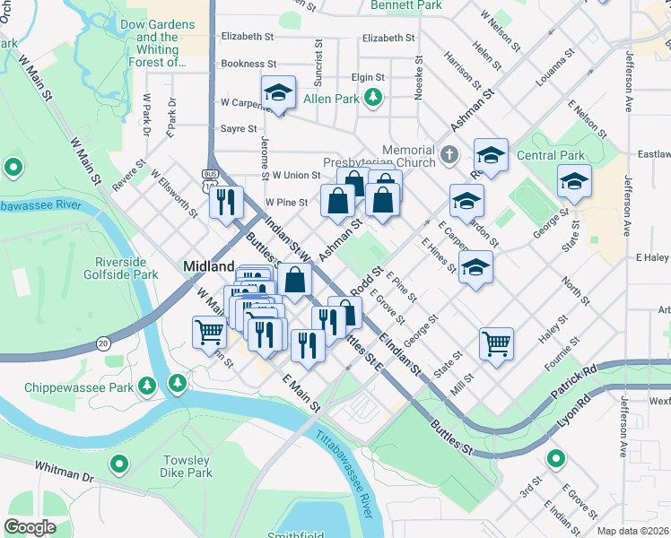 map of restaurants, bars, coffee shops, grocery stores, and more near 505 McDonald Street in Midland