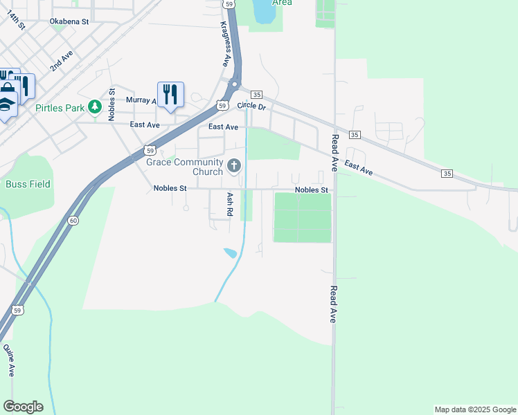map of restaurants, bars, coffee shops, grocery stores, and more near 633 James Boulevard in Worthington