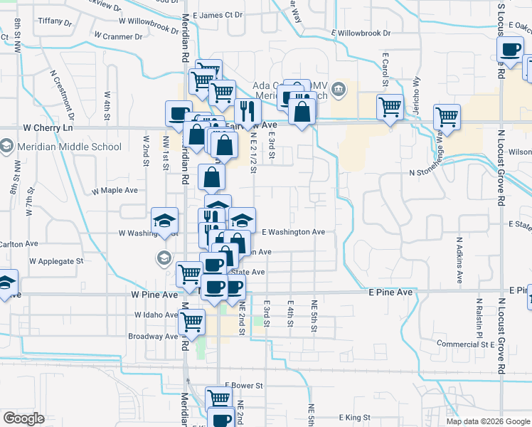 map of restaurants, bars, coffee shops, grocery stores, and more near 1233 East 4th Street in Meridian