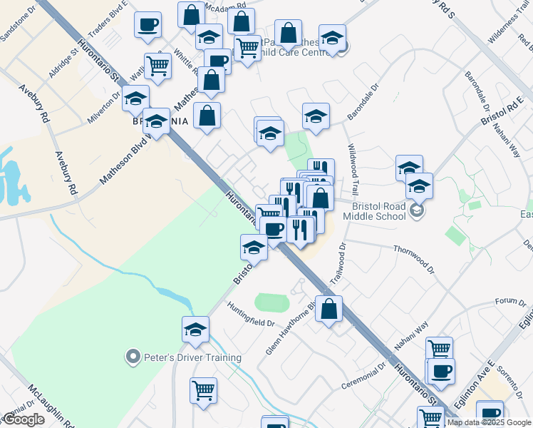map of restaurants, bars, coffee shops, grocery stores, and more near 45 Bristol Road East in Mississauga