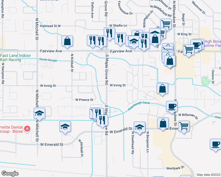 map of restaurants, bars, coffee shops, grocery stores, and more near 8909 West Irving Street in Boise