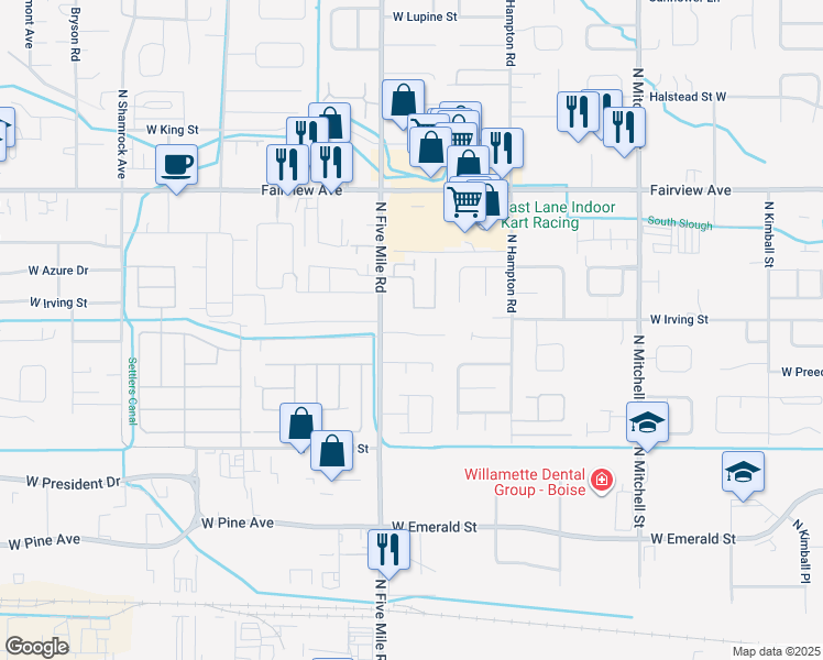 map of restaurants, bars, coffee shops, grocery stores, and more near 10500 West Irving Court in Boise