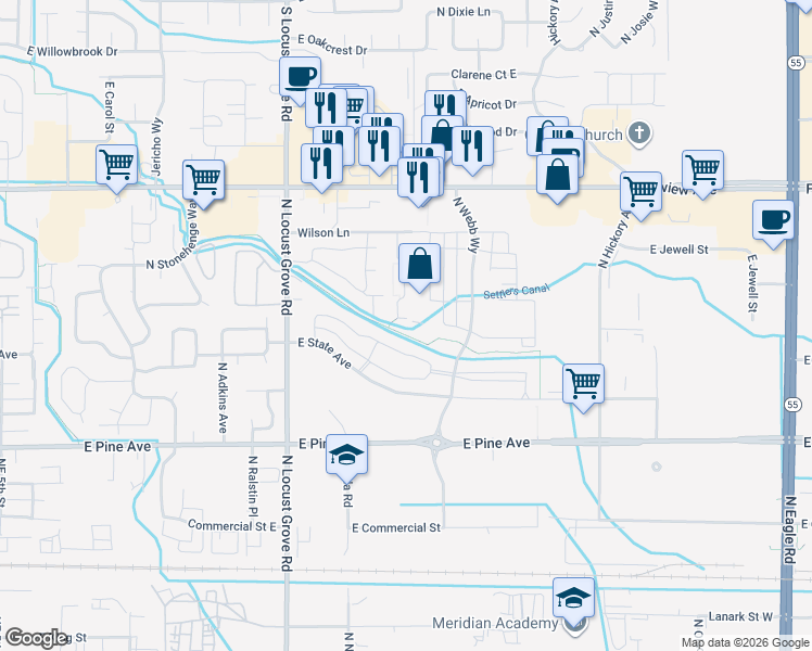 map of restaurants, bars, coffee shops, grocery stores, and more near 1983 East Wilson Lane in Meridian