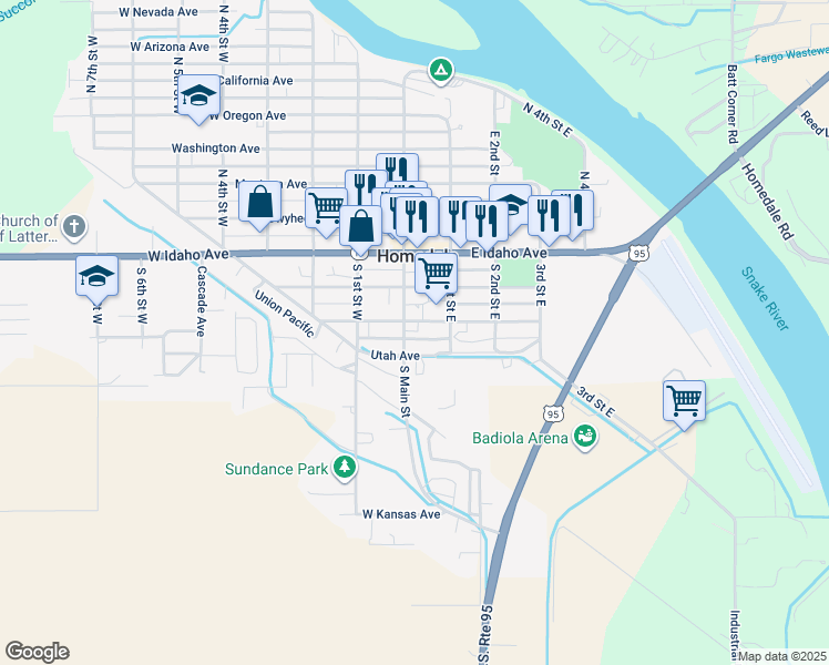 map of restaurants, bars, coffee shops, grocery stores, and more near 2 East Colorado Avenue in Homedale