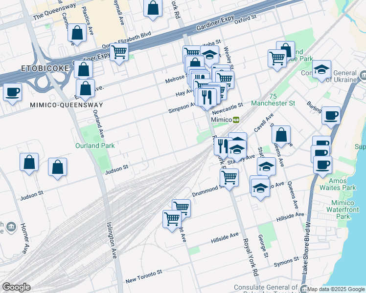 map of restaurants, bars, coffee shops, grocery stores, and more near in Toronto