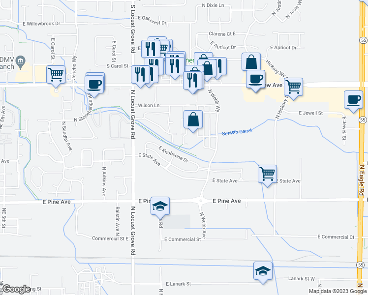 map of restaurants, bars, coffee shops, grocery stores, and more near 1983 Wilson Lane in Meridian