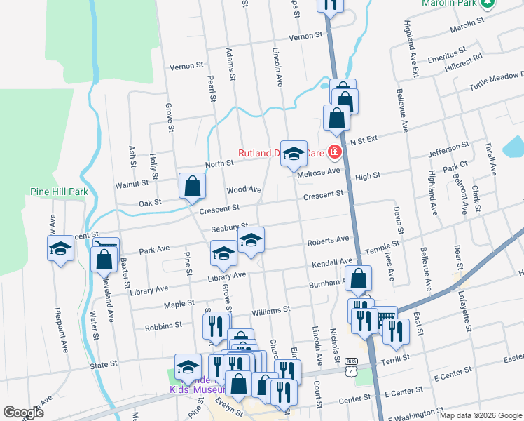 map of restaurants, bars, coffee shops, grocery stores, and more near 113 Church Street in Rutland