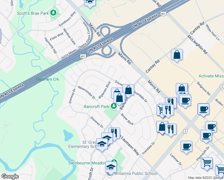 map of restaurants, bars, coffee shops, grocery stores, and more near 951 Mantle Crescent in Mississauga