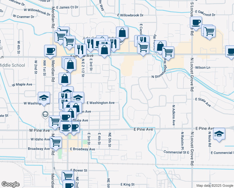 map of restaurants, bars, coffee shops, grocery stores, and more near 1263 North Cathy Avenue in Meridian