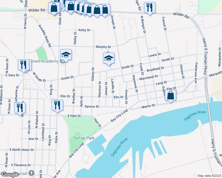 map of restaurants, bars, coffee shops, grocery stores, and more near 408 James Street in Bay City