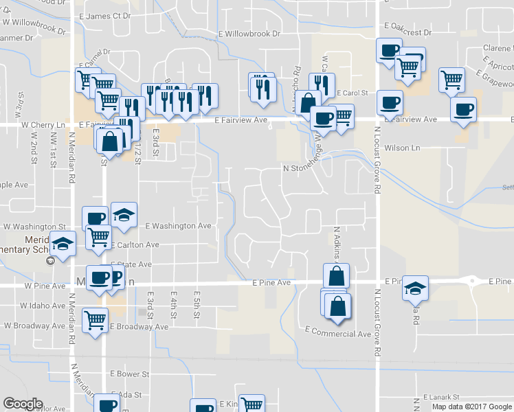 map of restaurants, bars, coffee shops, grocery stores, and more near 1027 East Grandburg Court in Meridian