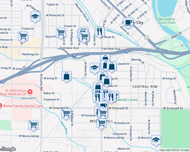 map of restaurants, bars, coffee shops, grocery stores, and more near 1299 North Orchard Street in Boise