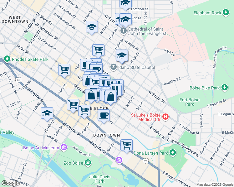 map of restaurants, bars, coffee shops, grocery stores, and more near 537 West Bannock Street in Boise