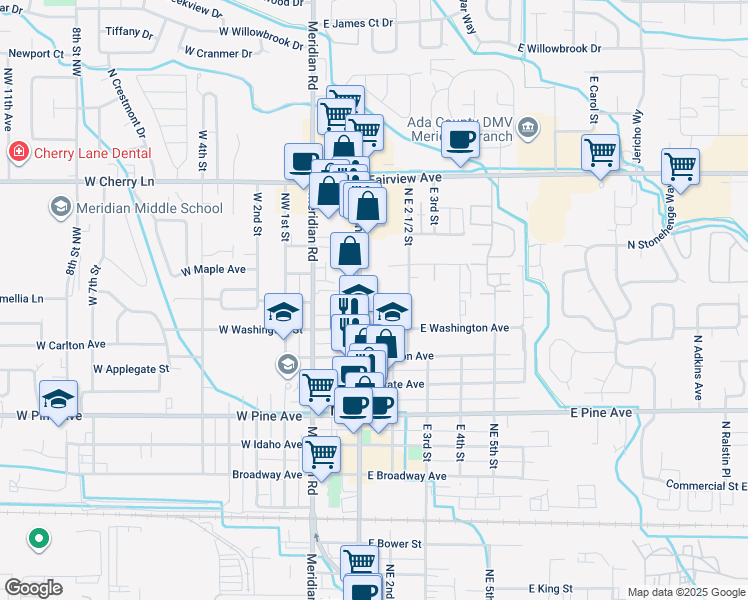 map of restaurants, bars, coffee shops, grocery stores, and more near 1302 North Main Street in Meridian