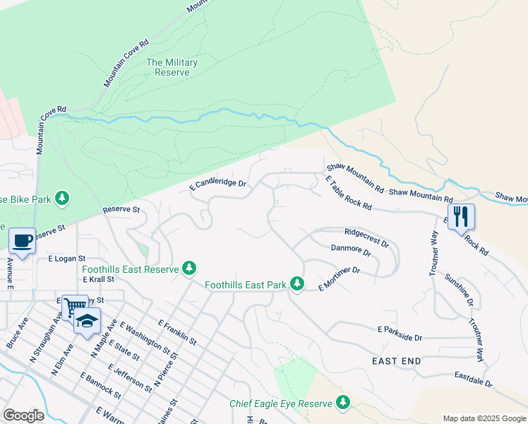 map of restaurants, bars, coffee shops, grocery stores, and more near 1534 Shenandoah Drive in Boise