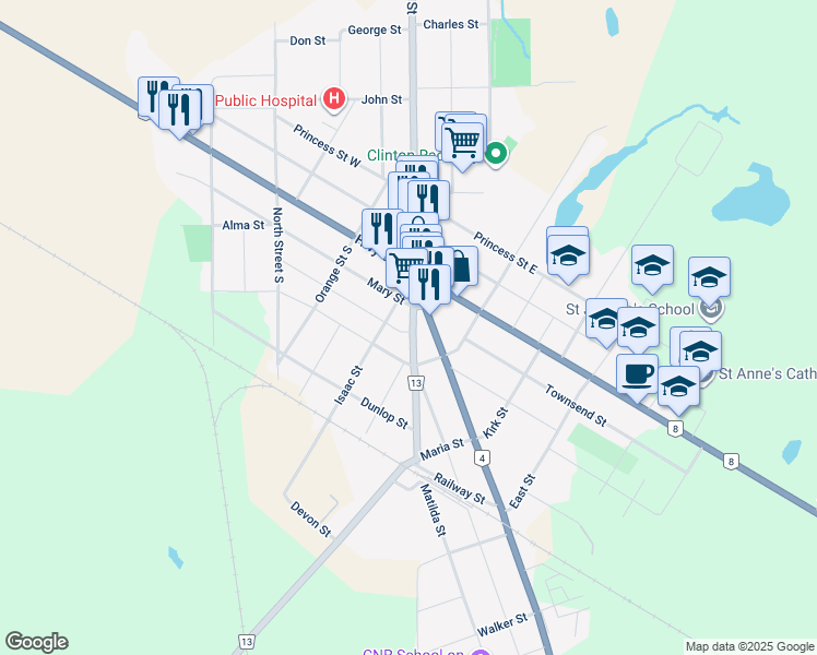 map of restaurants, bars, coffee shops, grocery stores, and more near 56 King Street in Clinton