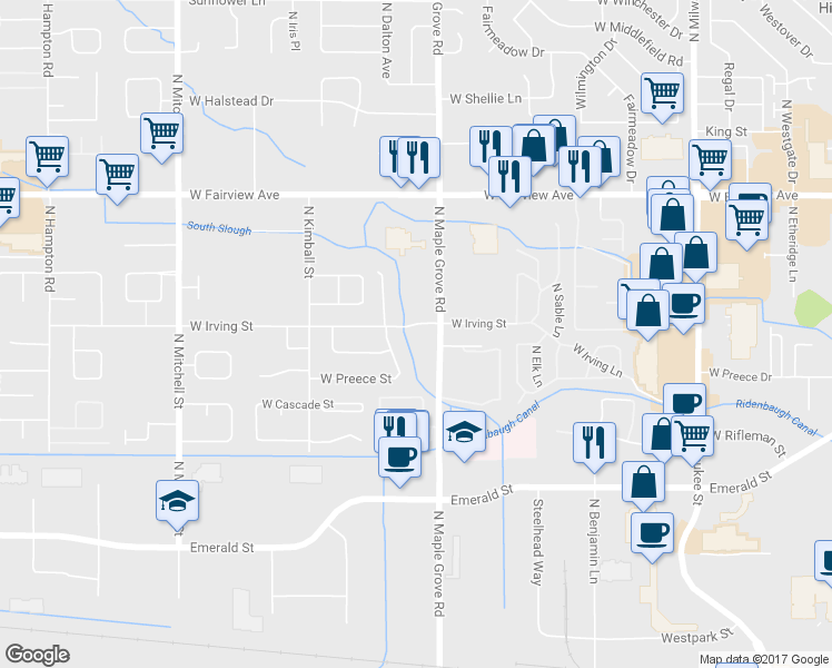 map of restaurants, bars, coffee shops, grocery stores, and more near 9045 West Irving Street in Boise