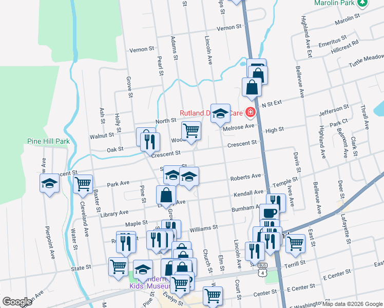 map of restaurants, bars, coffee shops, grocery stores, and more near 113 Church St in Rutland