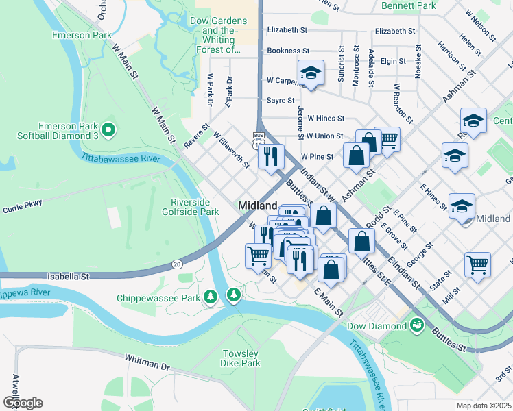 map of restaurants, bars, coffee shops, grocery stores, and more near 2637 Dwight Drive in Midland