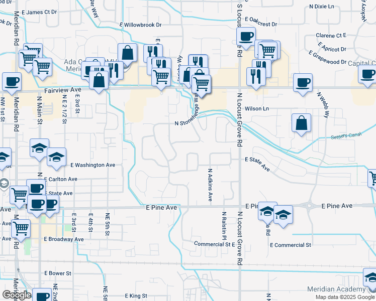 map of restaurants, bars, coffee shops, grocery stores, and more near 1242 North Penrith Avenue in Meridian