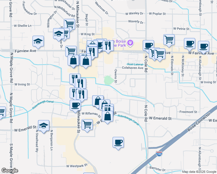 map of restaurants, bars, coffee shops, grocery stores, and more near 1177 North Etheridge Place in Boise