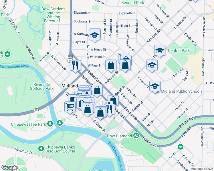 map of restaurants, bars, coffee shops, grocery stores, and more near 505 McDonald Street in Midland