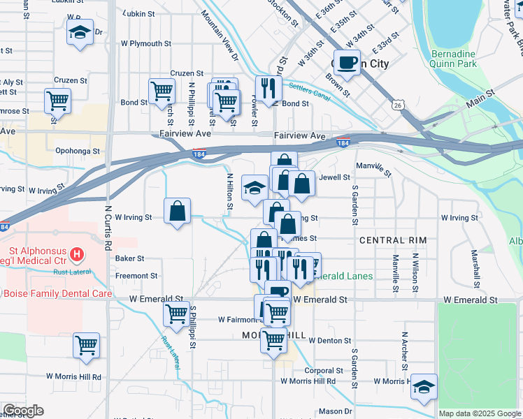 map of restaurants, bars, coffee shops, grocery stores, and more near 1299 North Orchard Street in Boise