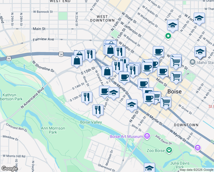 map of restaurants, bars, coffee shops, grocery stores, and more near 412 South 13th Street in Boise