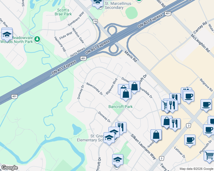 map of restaurants, bars, coffee shops, grocery stores, and more near 911 Blyleven Boulevard in Mississauga