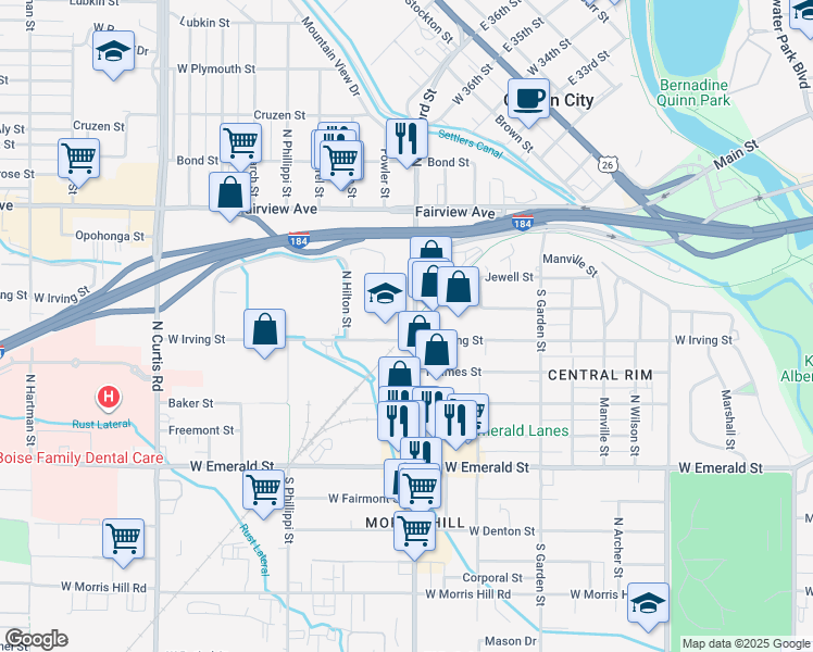 map of restaurants, bars, coffee shops, grocery stores, and more near 1299 North Orchard Street in Boise