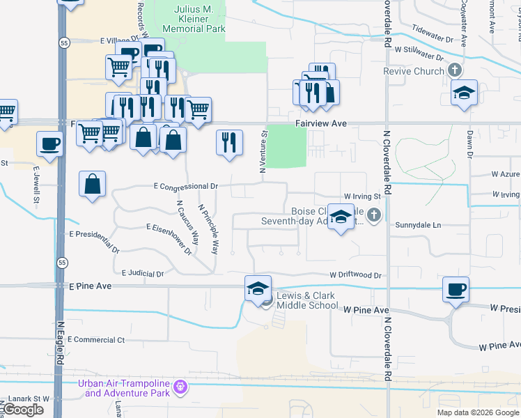 map of restaurants, bars, coffee shops, grocery stores, and more near 4190 East English Drive in Meridian