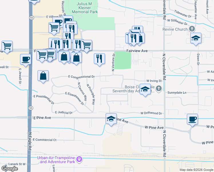 map of restaurants, bars, coffee shops, grocery stores, and more near 4130 East English Drive in Meridian