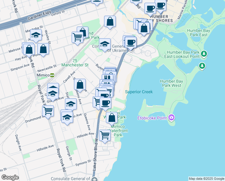 map of restaurants, bars, coffee shops, grocery stores, and more near 2369 Lake Shore Boulevard West in Toronto