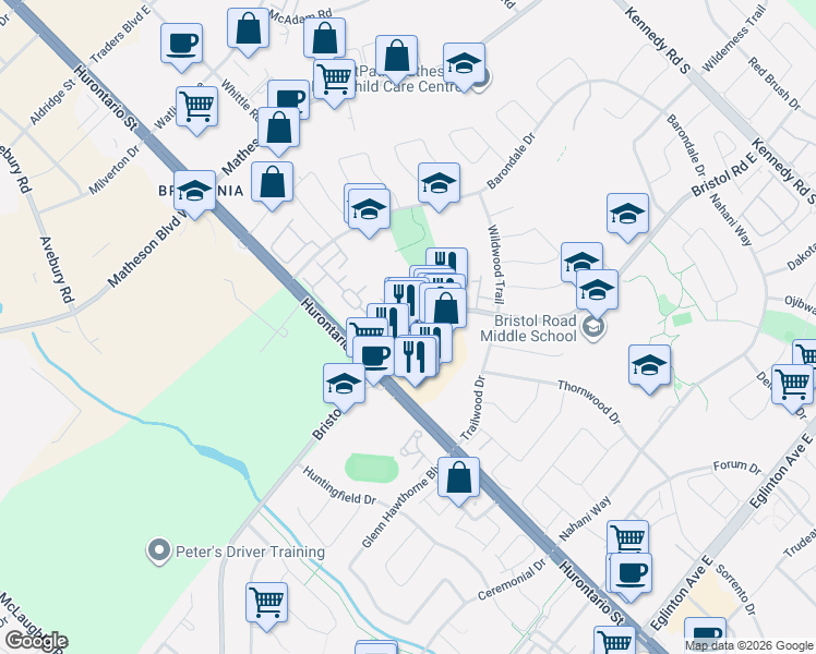 map of restaurants, bars, coffee shops, grocery stores, and more near 45 Bristol Road East in Mississauga