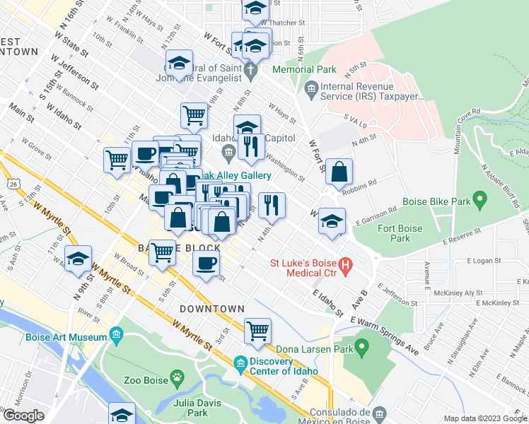 map of restaurants, bars, coffee shops, grocery stores, and more near 413 West Jefferson Street in Boise