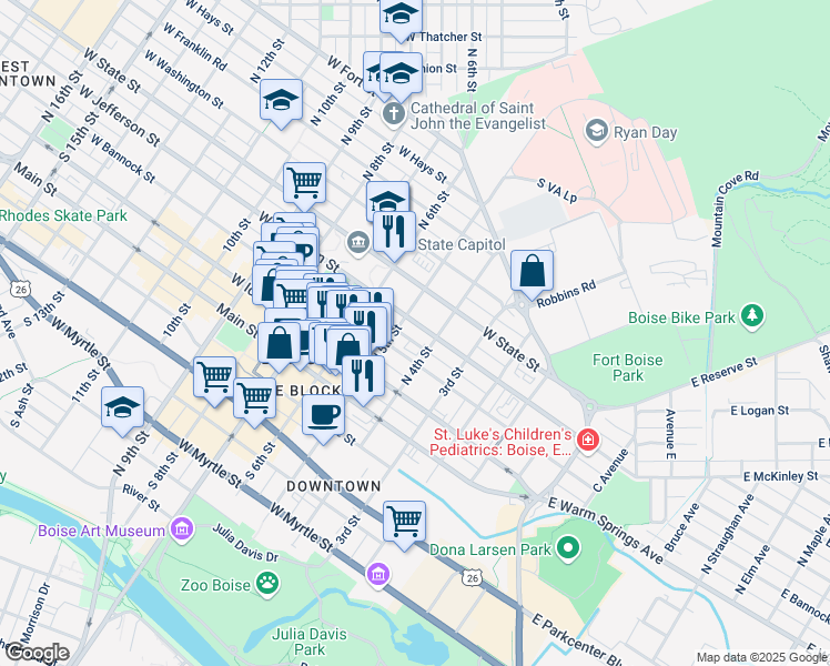 map of restaurants, bars, coffee shops, grocery stores, and more near 413 West Jefferson Street in Boise