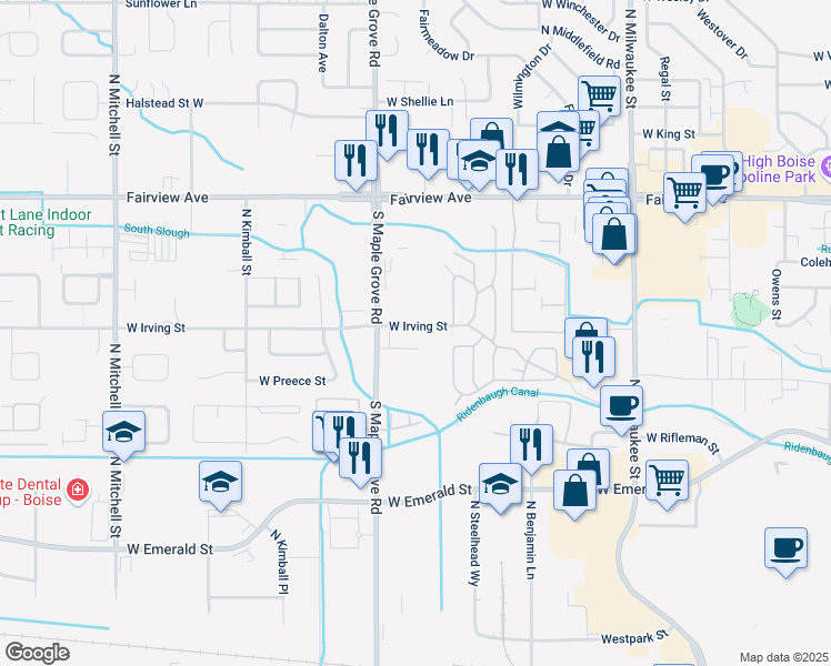 map of restaurants, bars, coffee shops, grocery stores, and more near 8875 West Irving Street in Boise