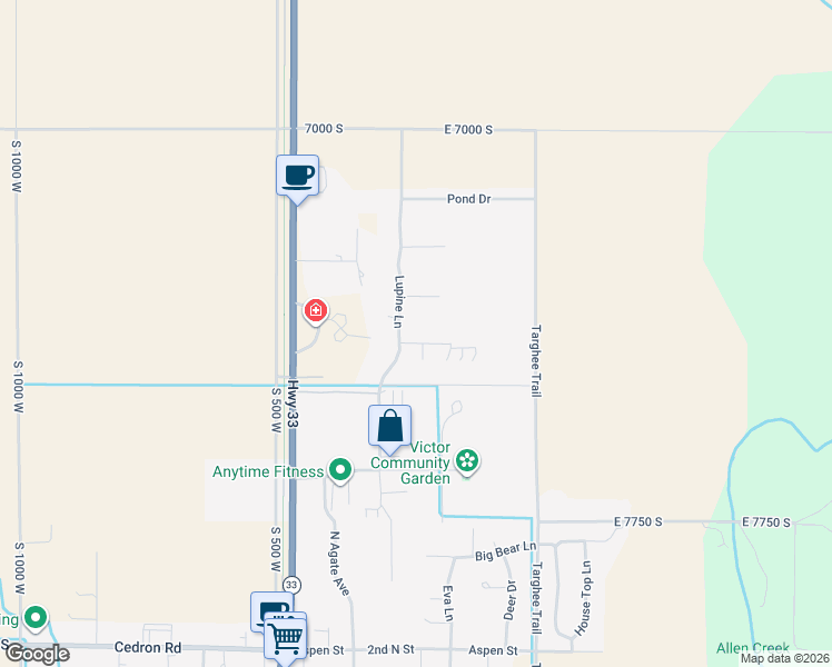 map of restaurants, bars, coffee shops, grocery stores, and more near Lupine Ln in Victor