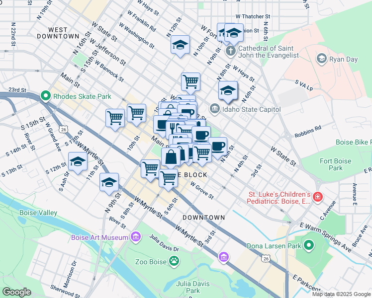 map of restaurants, bars, coffee shops, grocery stores, and more near in Boise