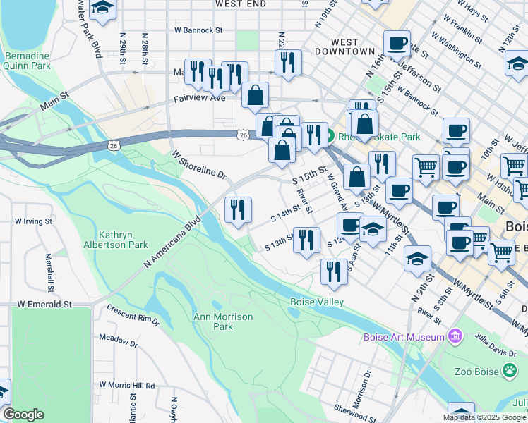 map of restaurants, bars, coffee shops, grocery stores, and more near 779 South 14th Street in Boise