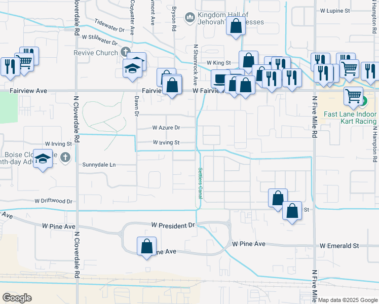map of restaurants, bars, coffee shops, grocery stores, and more near 1141 North Shamrock Avenue in Boise